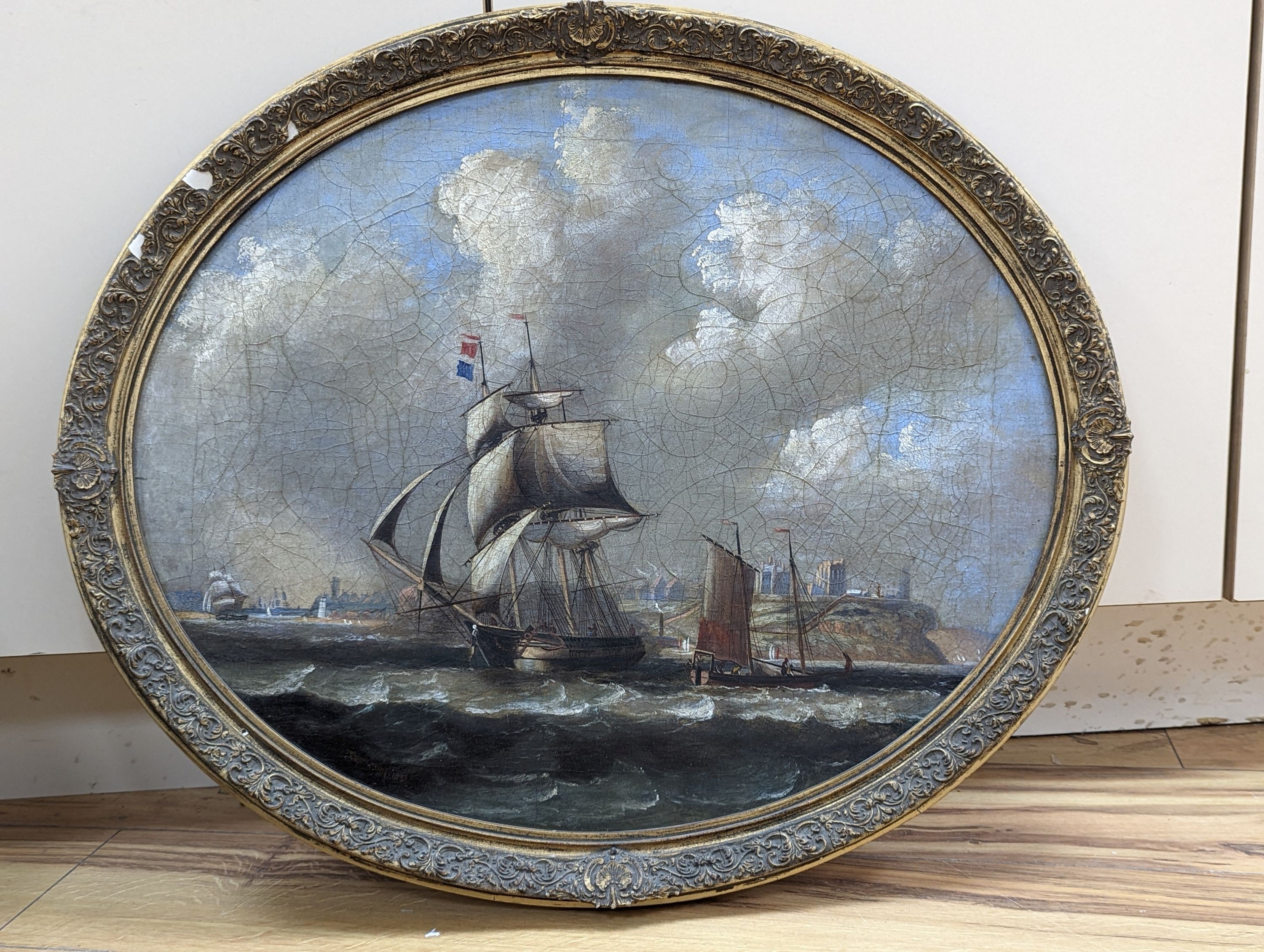 Attributed to Thomas Luny (1759-1837), oil on canvas laid on board, oval, Shipping off the coast, bears signature and date 1826, 48 x 58cm